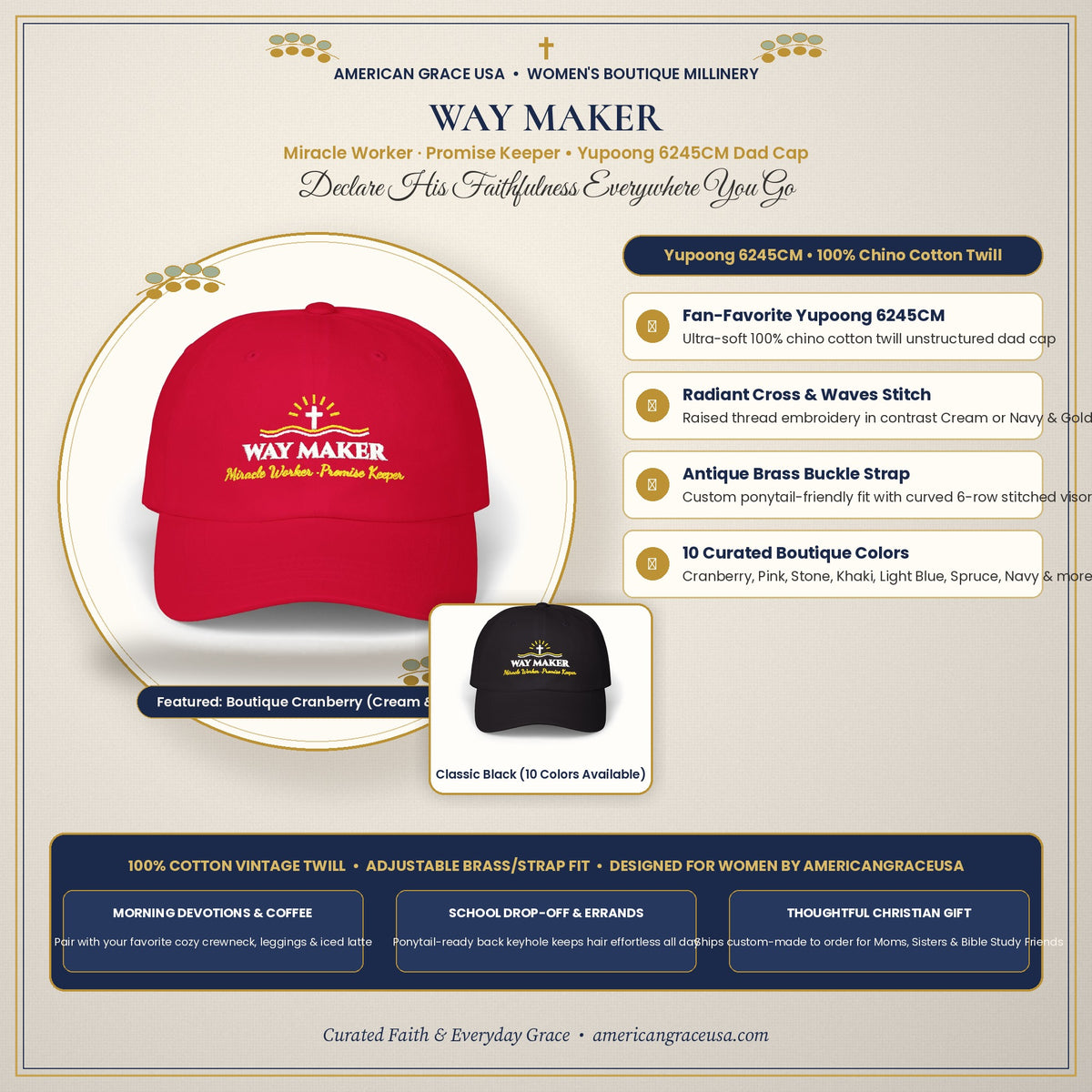 Way Maker Embroidered Classic Cotton Dad Cap - Cozy Boutique Flat-Lay & Women's Styling Card by AmericanGraceUSA