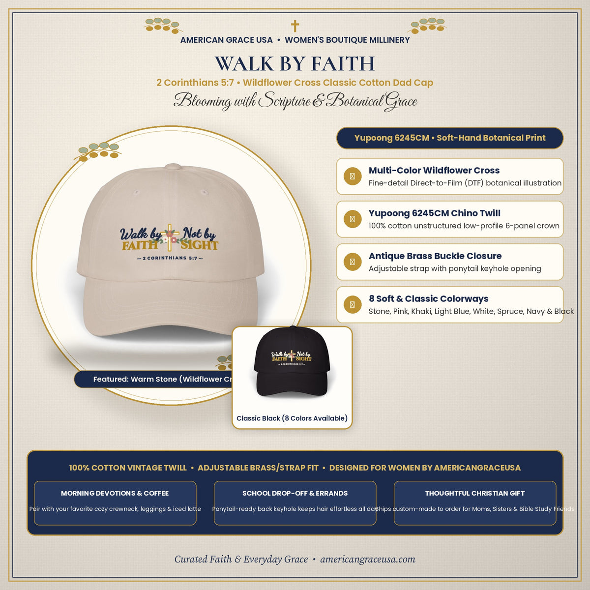Walk By Faith Floral Cross Classic Dad Cap - Cozy Boutique Flat-Lay & Women's Styling Card by AmericanGraceUSA