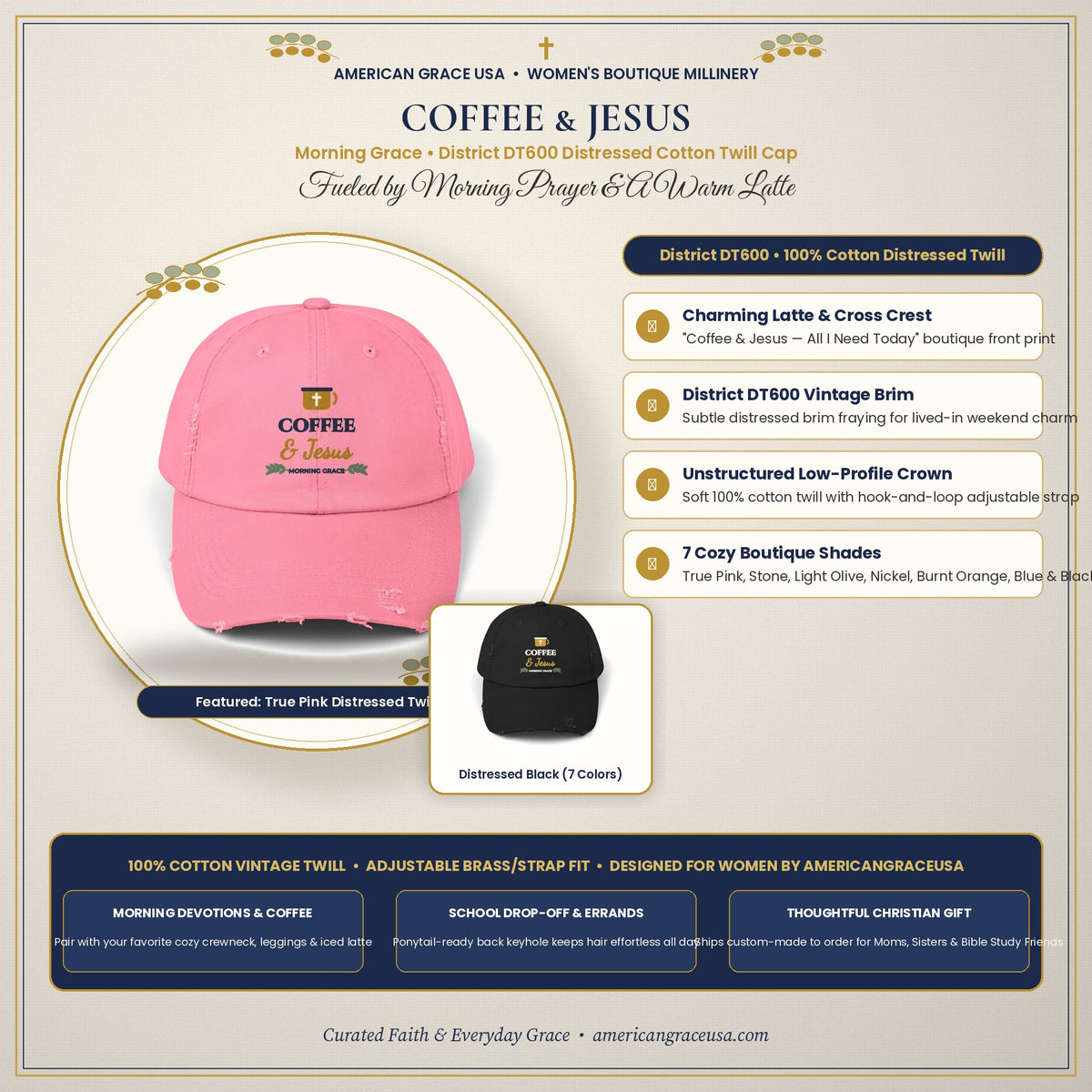 Coffee & Jesus Distressed Cotton Dad Cap - Cozy Boutique Flat-Lay & Women's Styling Card by AmericanGraceUSA