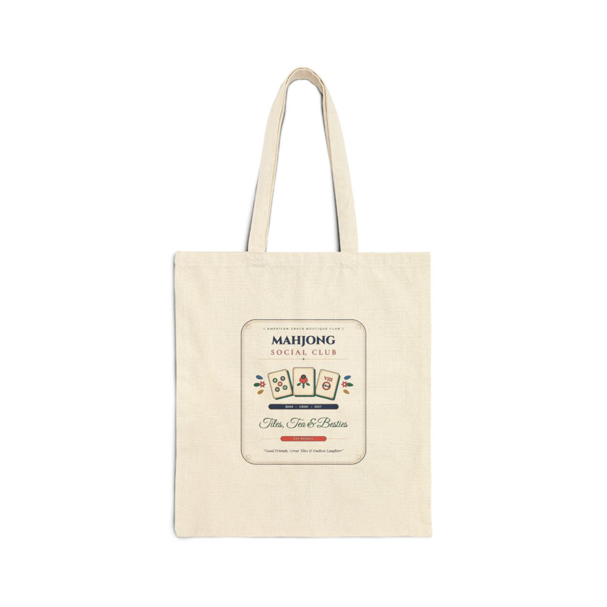 Mahjong Social Club Canvas Tote Bag — Tiles Tea & Besties Chinoiserie Game Night Cotton Tote by AmericanGraceUSA