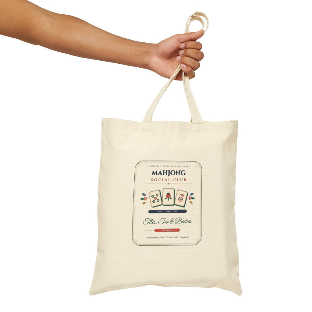 Mahjong Social Club Canvas Tote Bag Hanging Display — 100% Natural Cotton Canvas Tote by AmericanGraceUSA