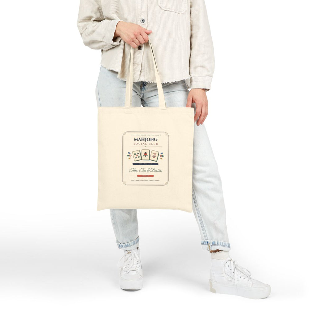 Ladies Game Night Mahjong Social Club Cotton Canvas Tote Bag on Shoulder by AmericanGraceUSA