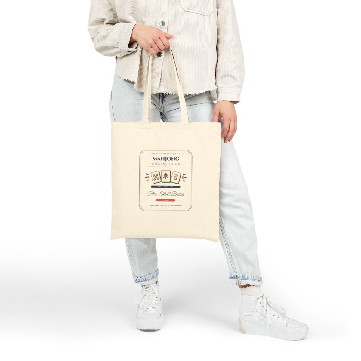 Ladies Game Night Mahjong Social Club Cotton Canvas Tote Bag on Shoulder by AmericanGraceUSA