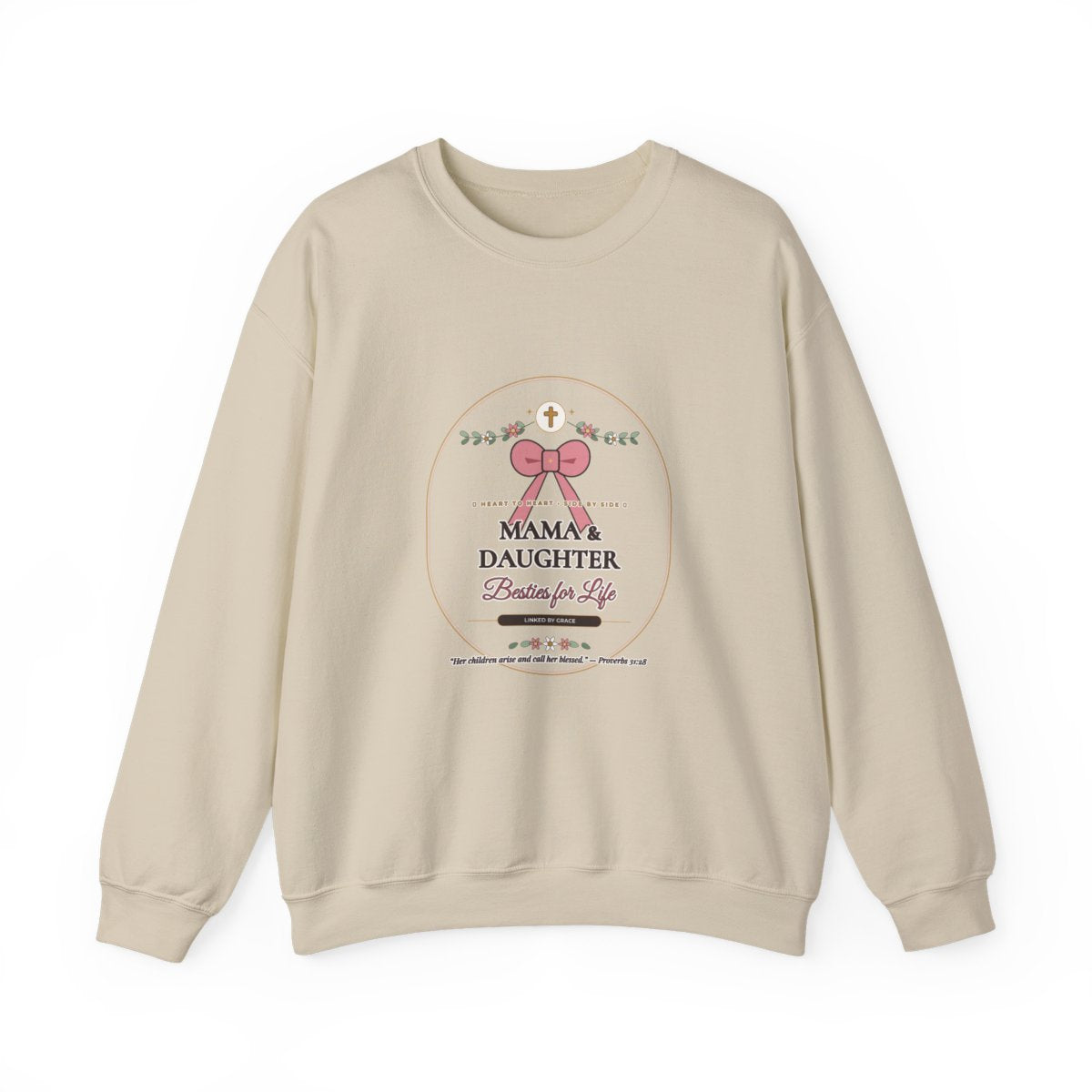 Mama & Daughter Besties for Life Sweatshirt in Warm Sand — Proverbs 31:28 Linked by Grace Coquette Bow & Wildflower Matching Crewneck by AmericanGraceUSA