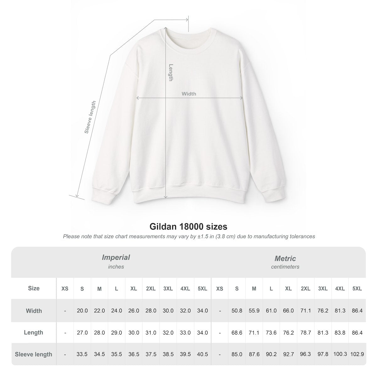 Gildan 18000 Unisex Heavy Blend Crewneck Sweatshirt Size Chart — AmericanGraceUSA