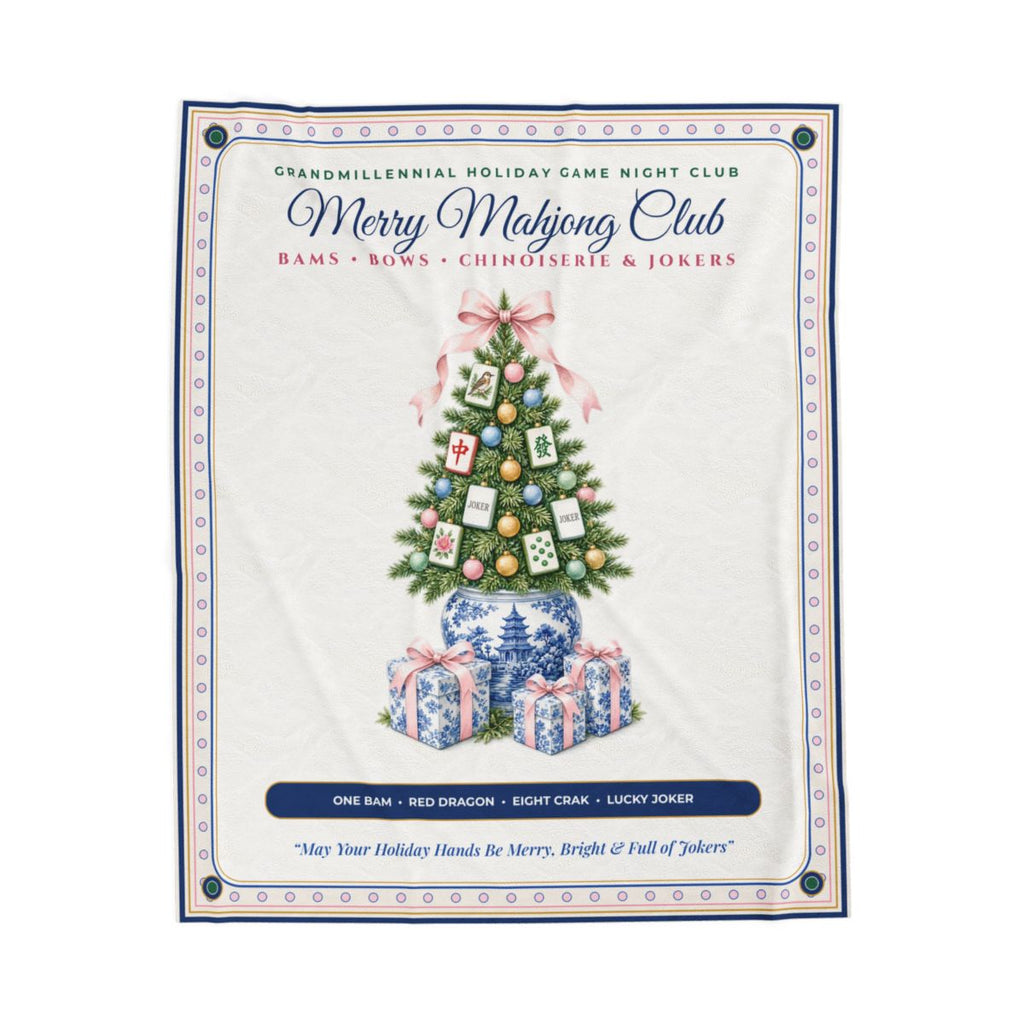 Merry Mahjong Club Chinoiserie Ginger-Jar Christmas Tree & Tiles Plush Throw Blanket (50x60)