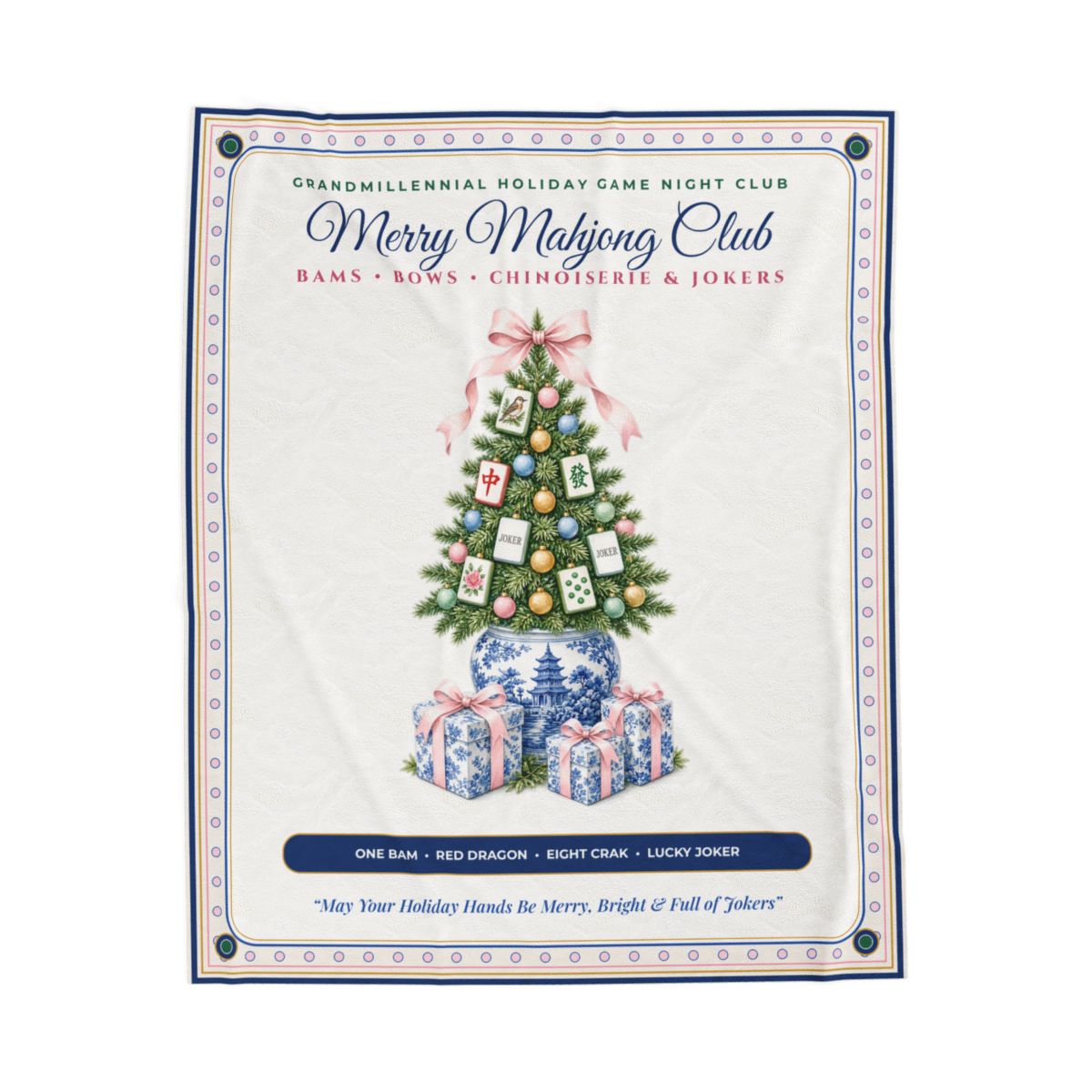 Merry Mahjong Club Chinoiserie Ginger-Jar Christmas Tree & Tiles Plush Throw Blanket (50x60)