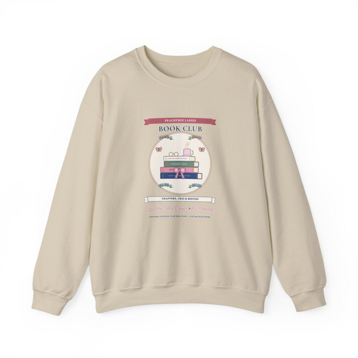 Personalized Book Club Sweatshirt in Warm Sand — Flat-Lay Front Mockup