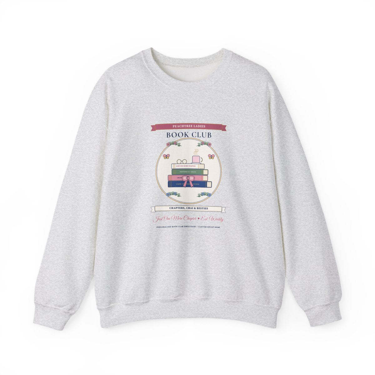 Personalized Book Club Sweatshirt in Soft Ash — Flat-Lay Front Mockup