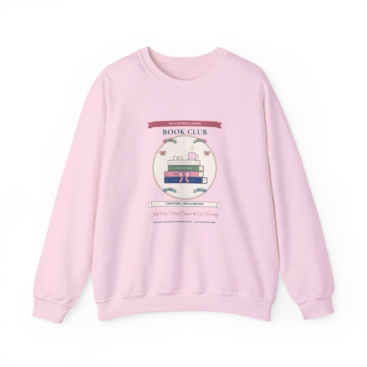 Personalized Book Club Sweatshirt in Light Pink — Flat-Lay Front Mockup