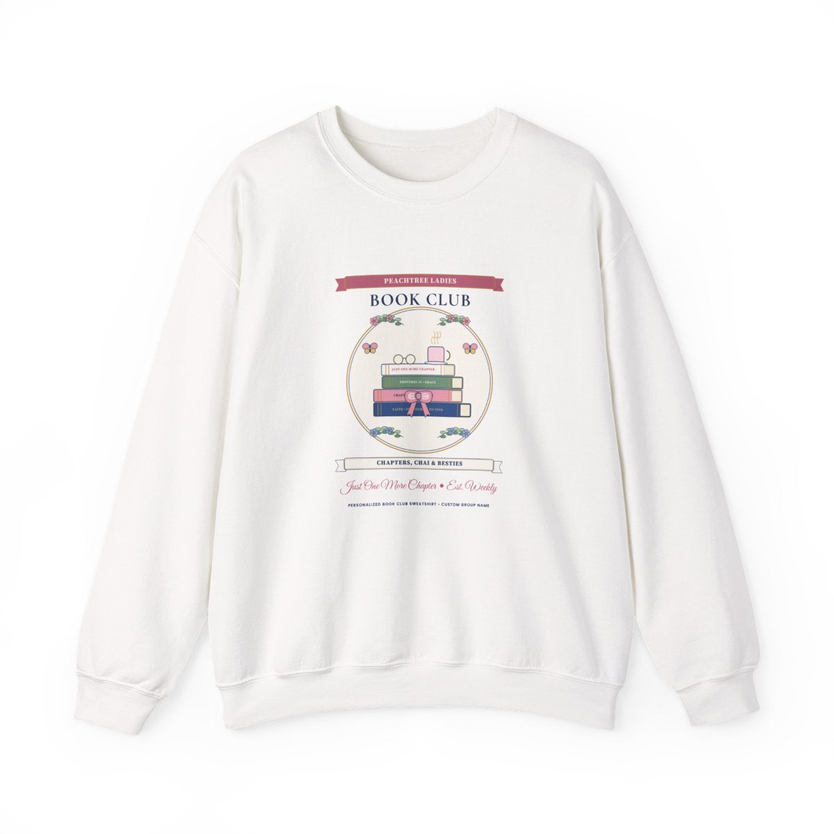Personalized Book Club Sweatshirt in Crisp White — Flat-Lay Front Mockup