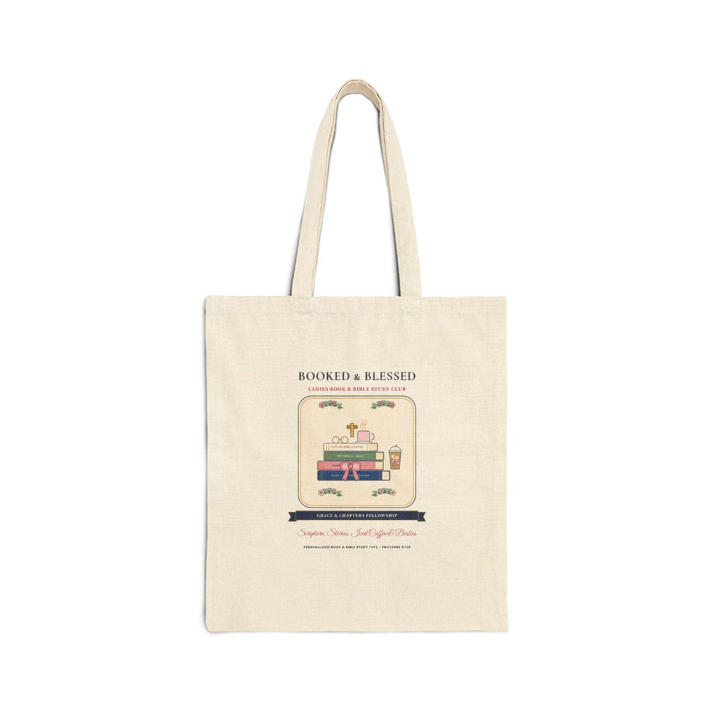 Personalized Booked & Blessed Canvas Tote Bag — Flat-Lay Front Mockup