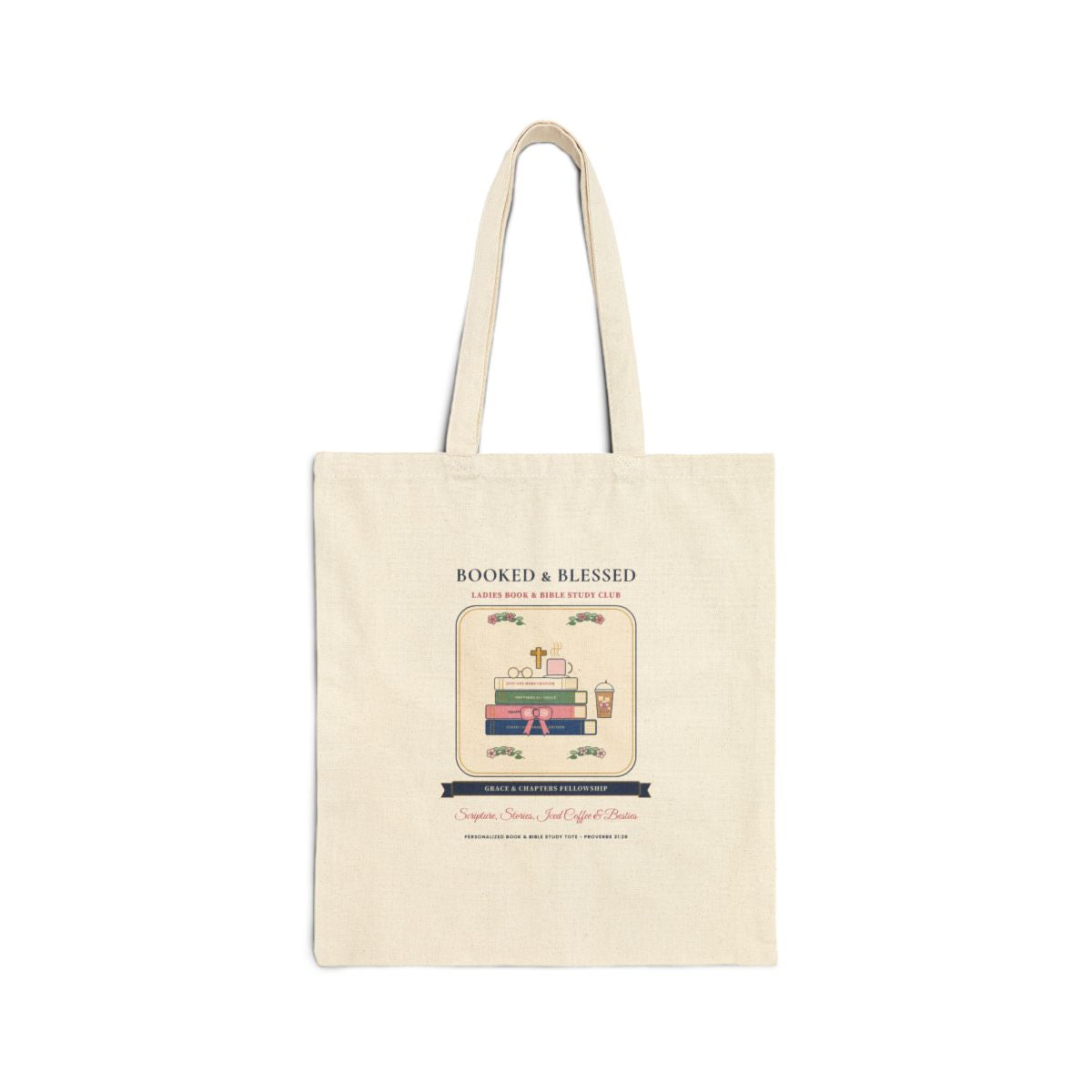 Personalized Booked & Blessed Canvas Tote Bag — Flat-Lay Front Mockup