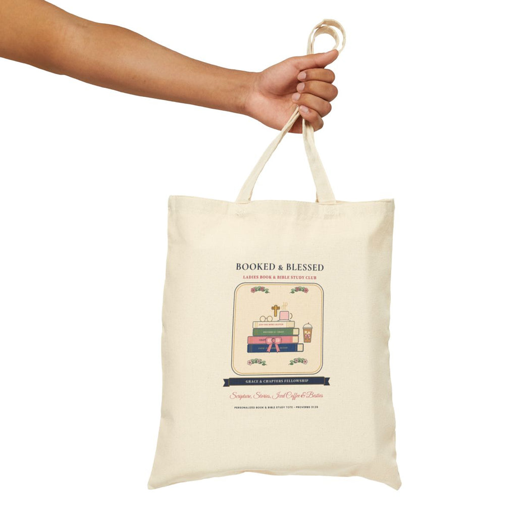 Personalized Booked & Blessed Canvas Tote Bag — Context Mockup