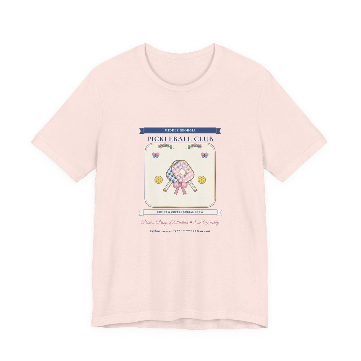 Personalized Pickleball Club Tee in Soft Pink — Flat-Lay Front Mockup