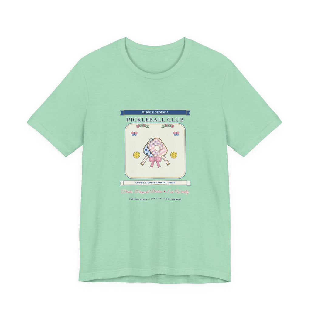 Personalized Pickleball Club Tee in Heather Mint — Flat-Lay Front Mockup