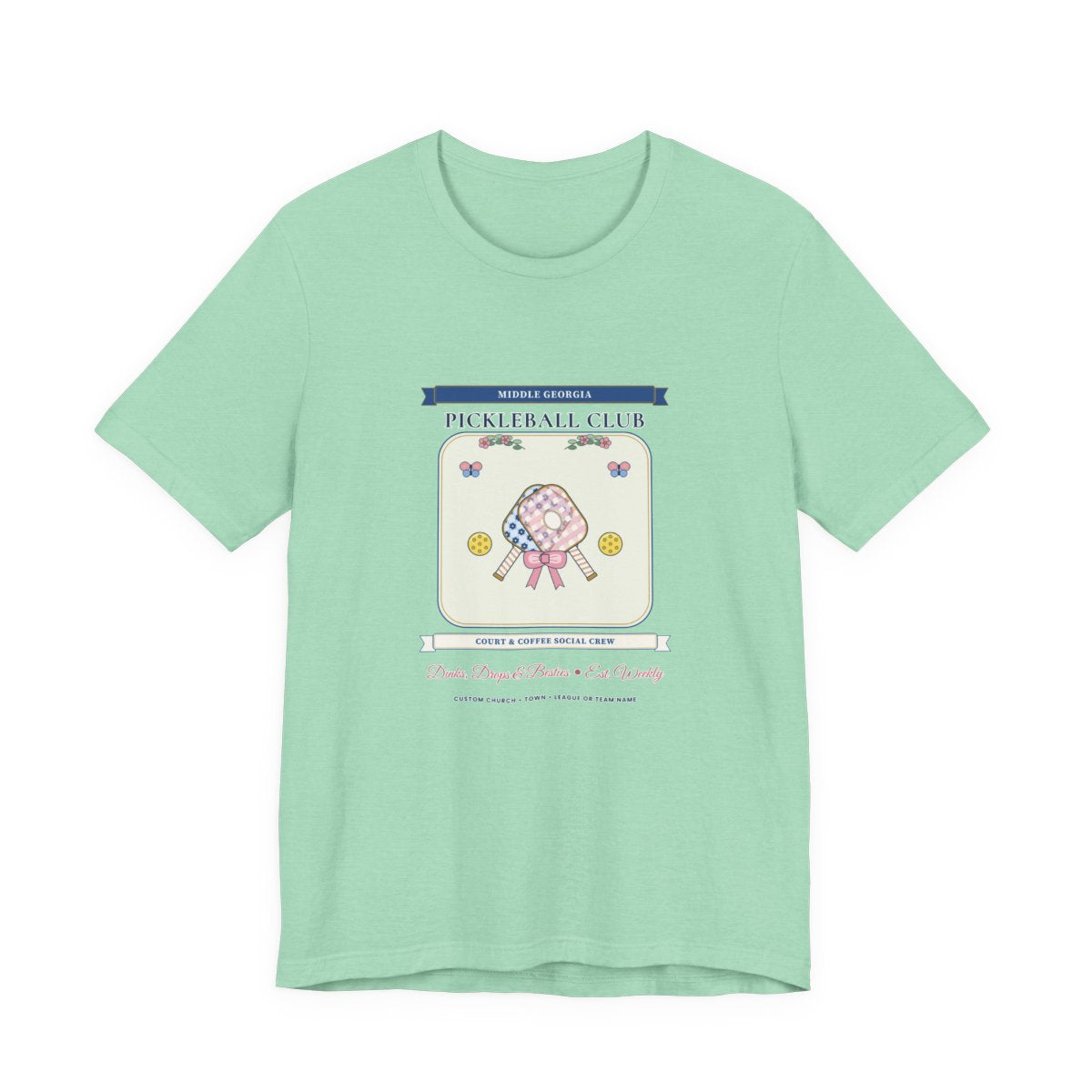 Personalized Pickleball Club Tee in Heather Mint — Flat-Lay Front Mockup