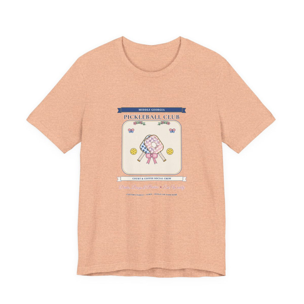 Personalized Pickleball Club Tee in Heather Peach — Flat-Lay Front Mockup