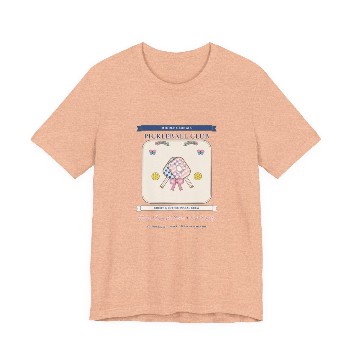 Personalized Pickleball Club Tee in Heather Peach — Flat-Lay Front Mockup