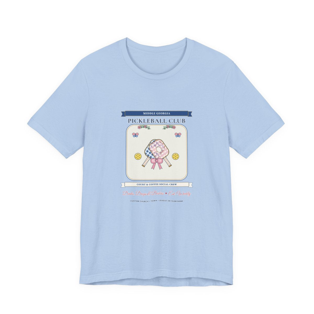 Personalized Pickleball Club Tee in Baby Blue — Flat-Lay Front Mockup
