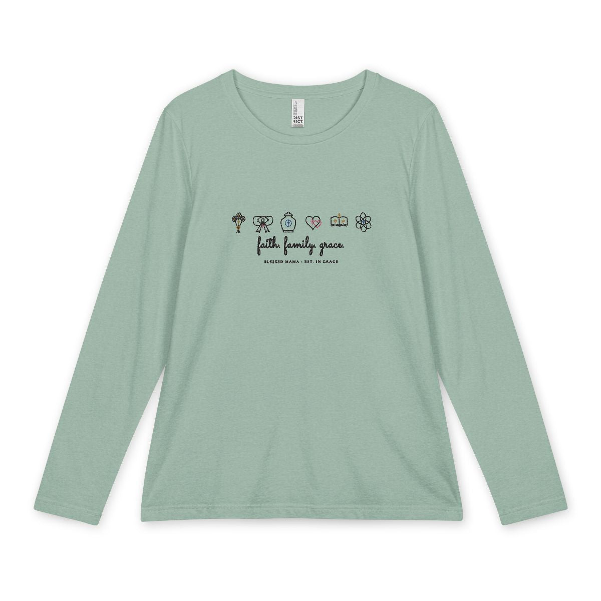 Personalized Faith Family Grace Long Sleeve in Heathered Dusty Sage Front Mockup | American Grace USA