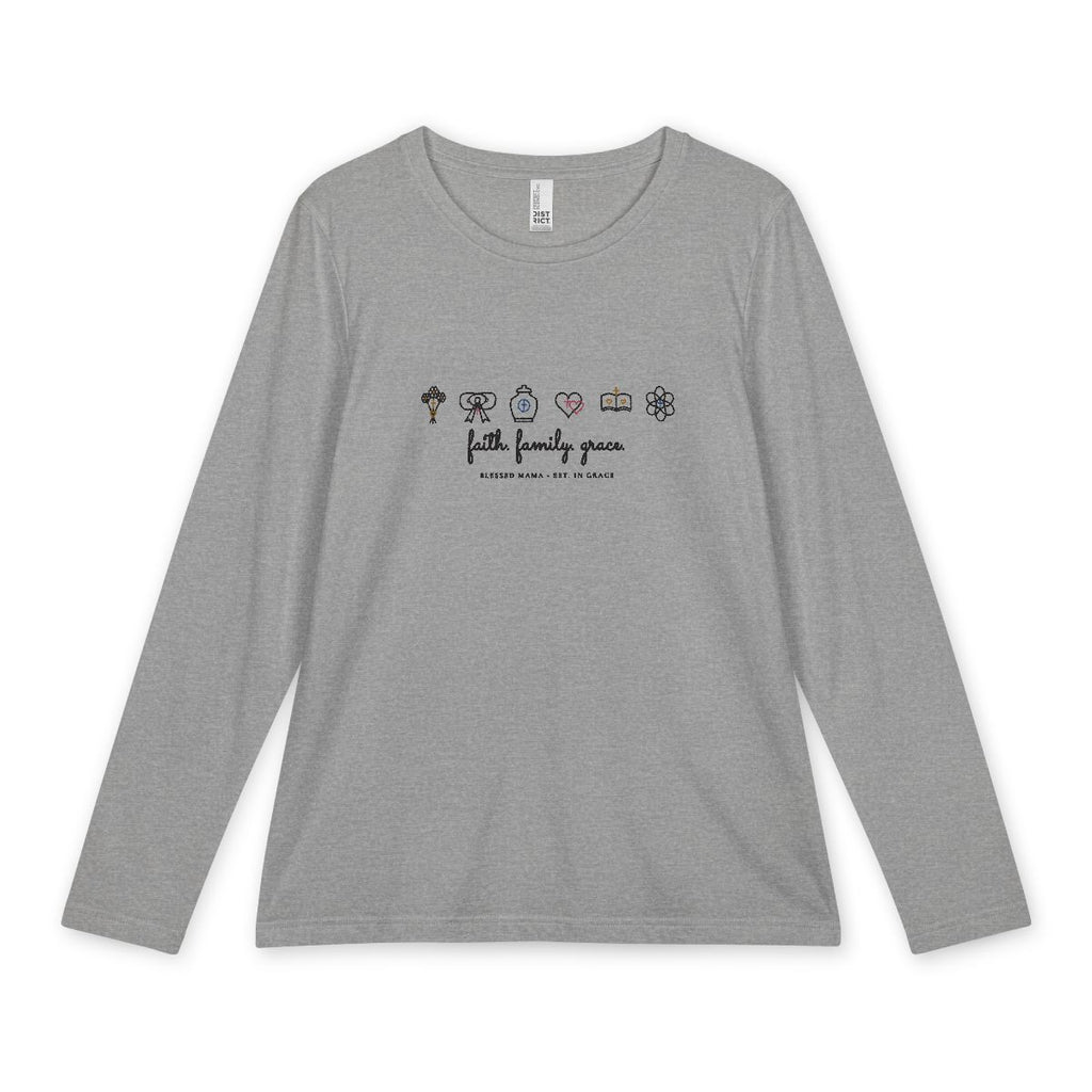 Personalized Faith Family Grace Long Sleeve in Light Heather Gray Front Mockup | American Grace USA