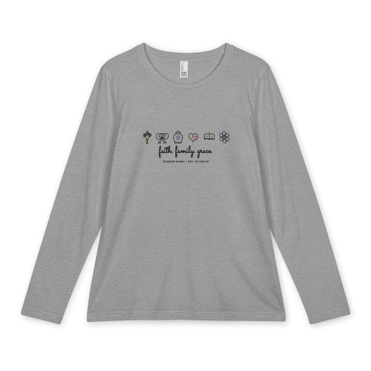 Personalized Faith Family Grace Long Sleeve in Light Heather Gray Front Mockup | American Grace USA