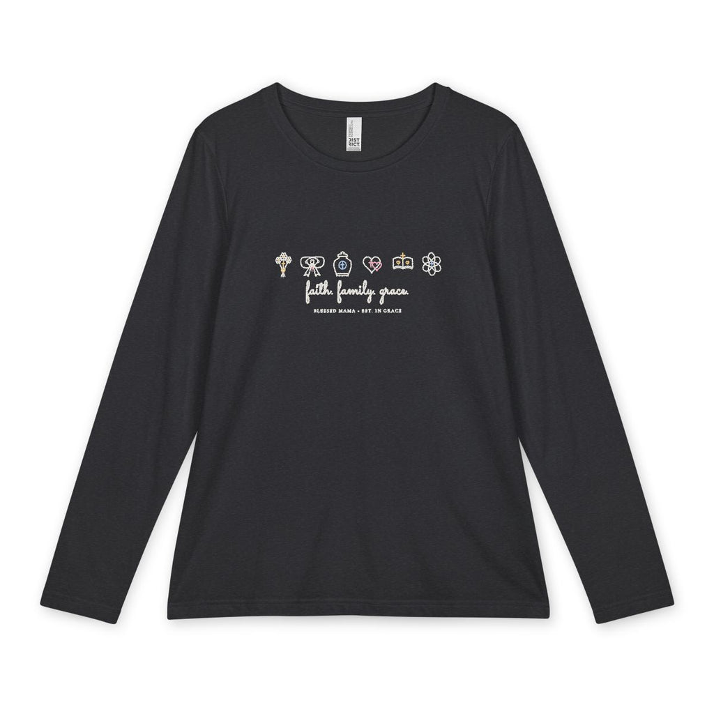 Personalized Faith Family Grace Long Sleeve in Heathered Charcoal Front Mockup | American Grace USA