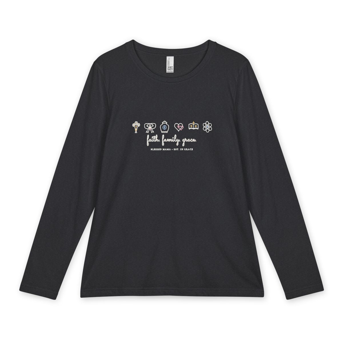 Personalized Faith Family Grace Long Sleeve in Heathered Charcoal Front Mockup | American Grace USA
