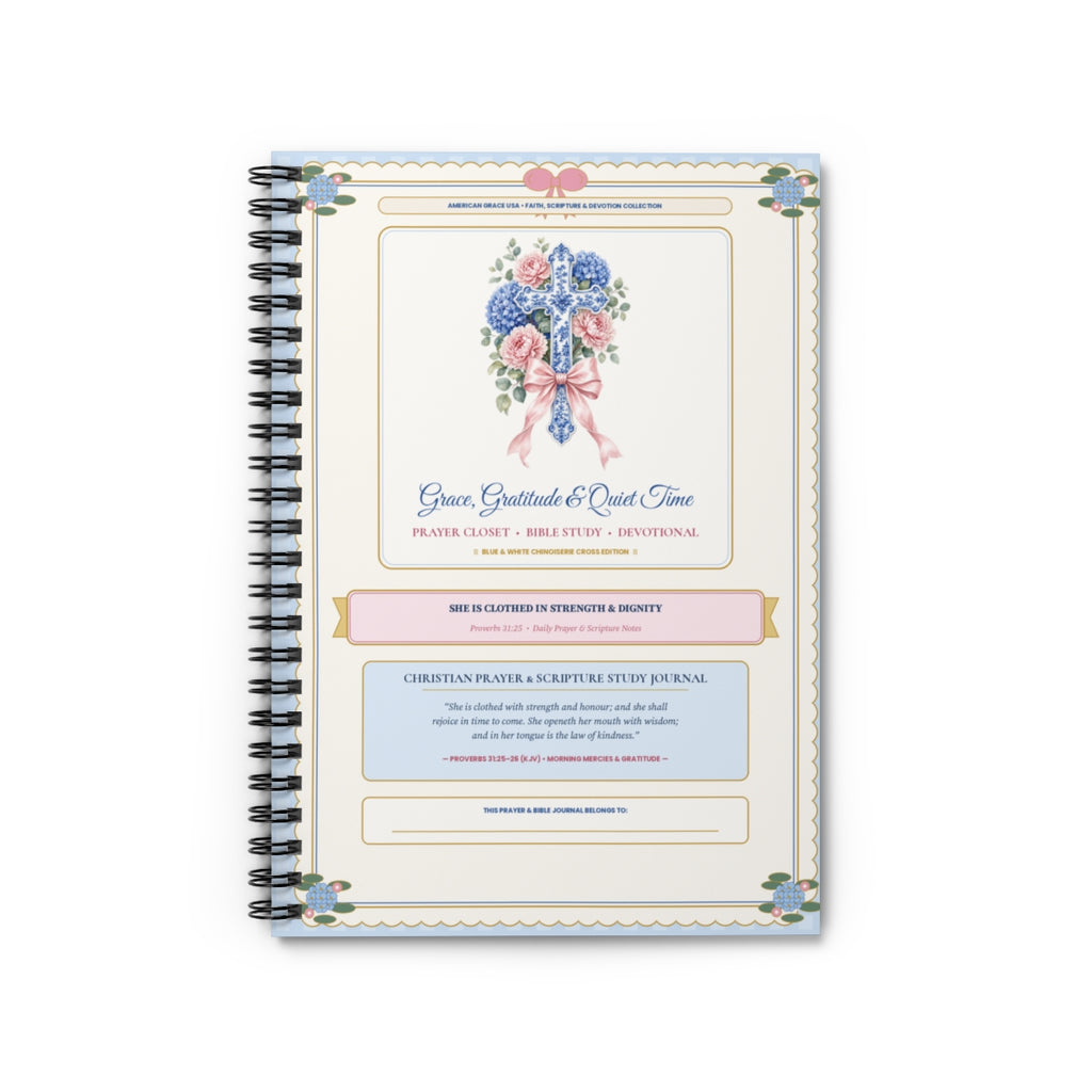 Personalized Grace Gratitude & Quiet Time — Blue and White Chinoiserie Cross & Hydrangea Prayer & Bible Study Hardcover Spiral Journal Front Cover