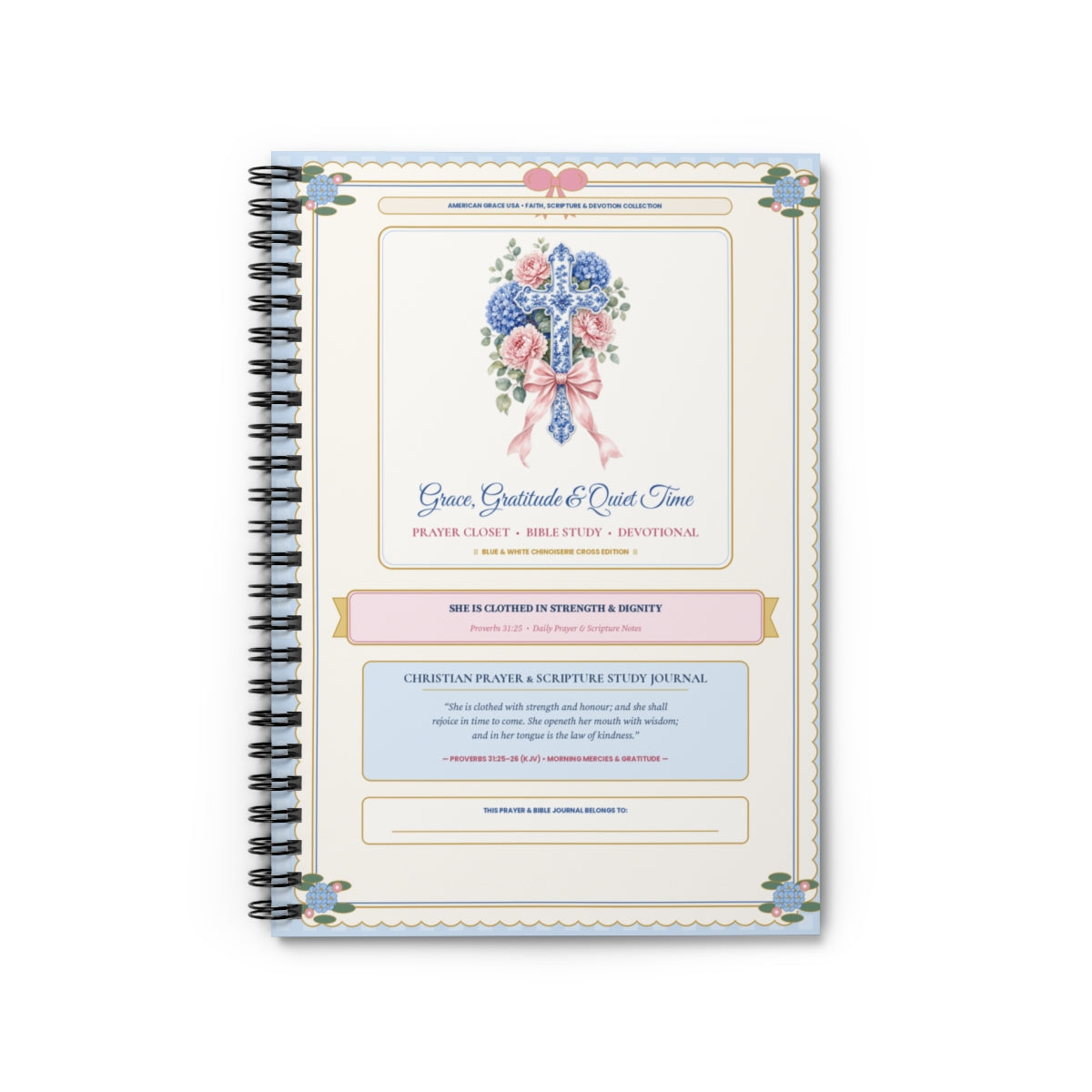Personalized Grace Gratitude & Quiet Time — Blue and White Chinoiserie Cross & Hydrangea Prayer & Bible Study Hardcover Spiral Journal Front Cover