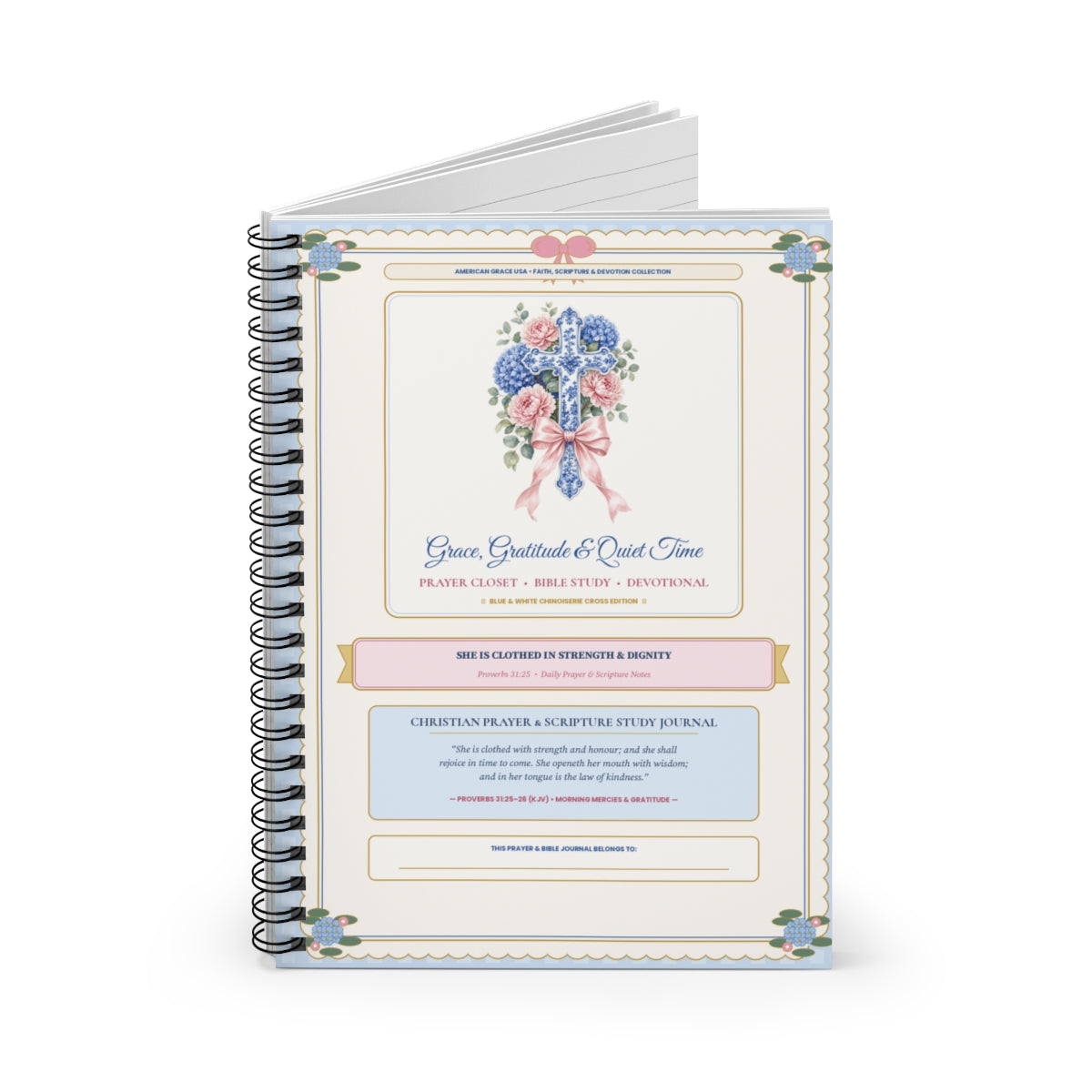 Personalized Grace Gratitude & Quiet Time — Angled Upright Hardcover Spiral Notebook View