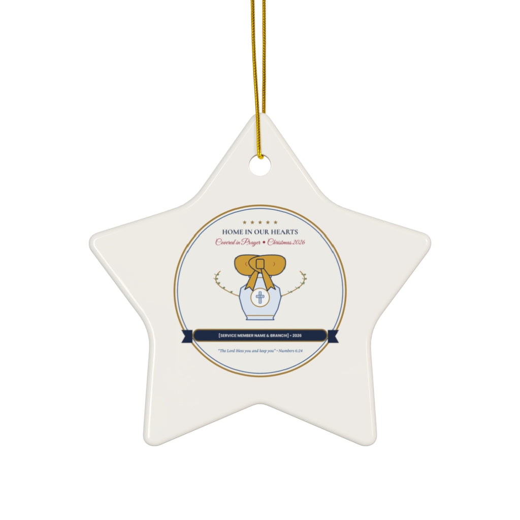 Personalized Home in Our Hearts Christmas 2026 Military Family Chinoiserie Ceramic Ornament Star Front