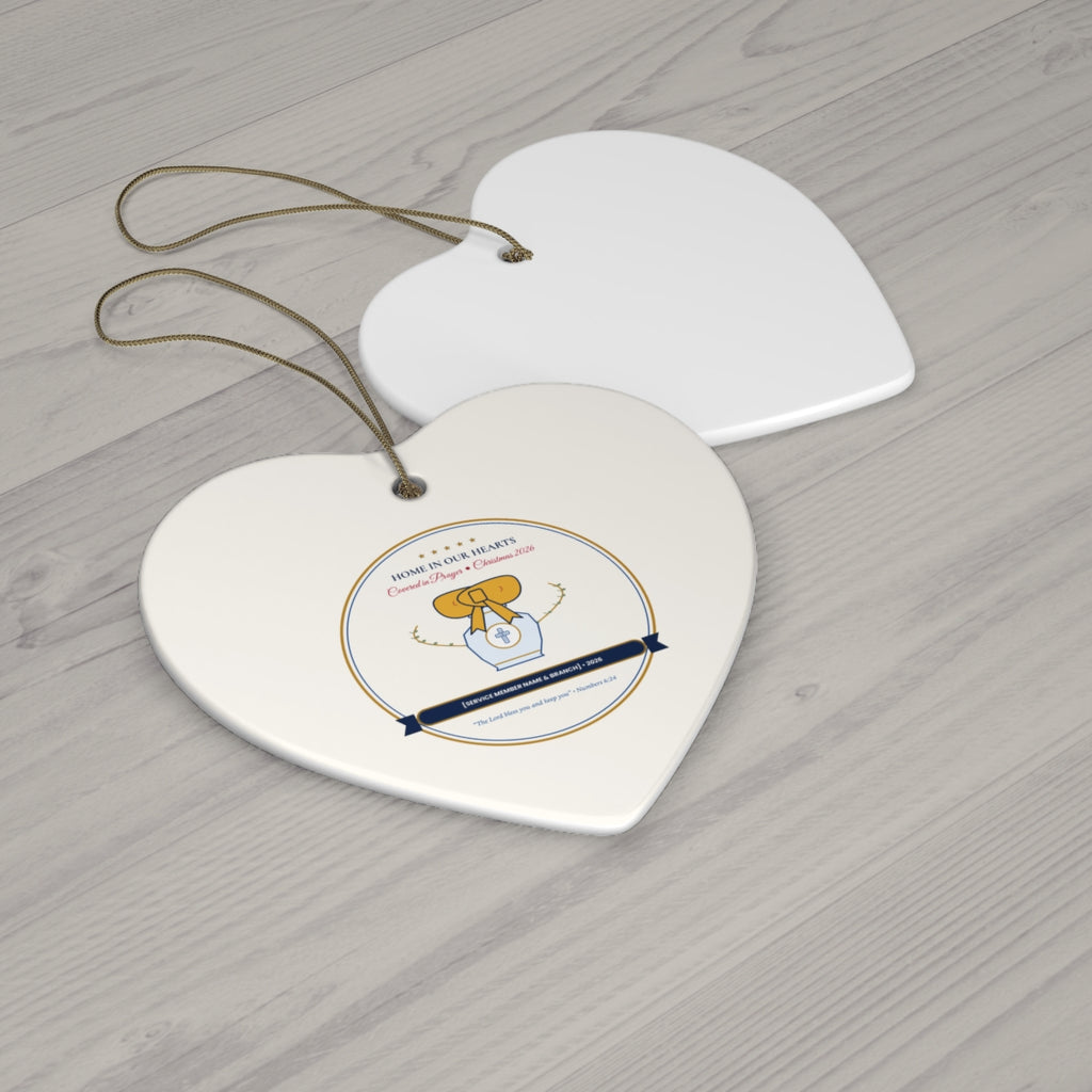 Personalized Home in Our Hearts Christmas 2026 Military Family Ornament Heart Wood Flat-Lay