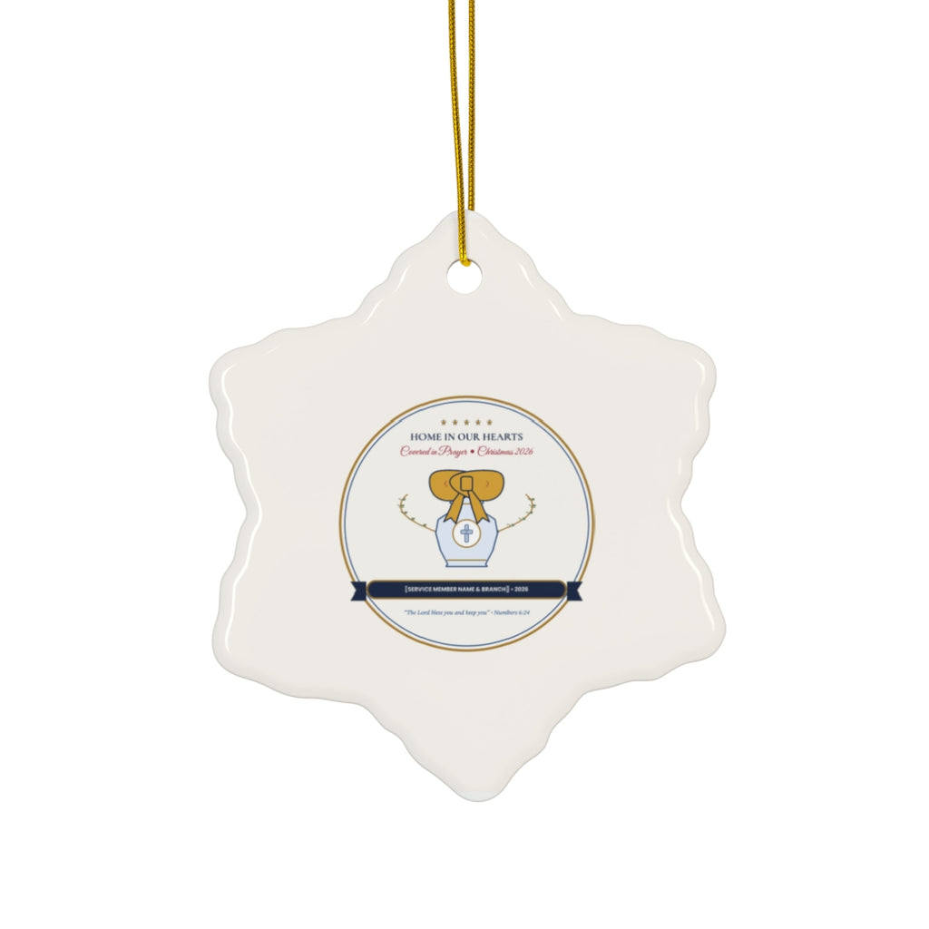 Personalized Home in Our Hearts Christmas 2026 Military Family Chinoiserie Ceramic Ornament Snowflake Front
