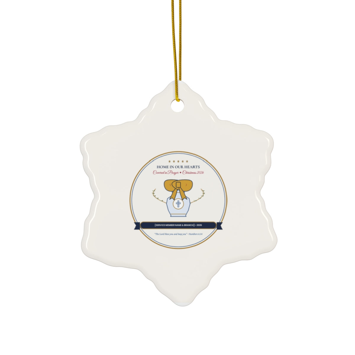 Personalized Home in Our Hearts Christmas 2026 Military Family Chinoiserie Ceramic Ornament Snowflake Front