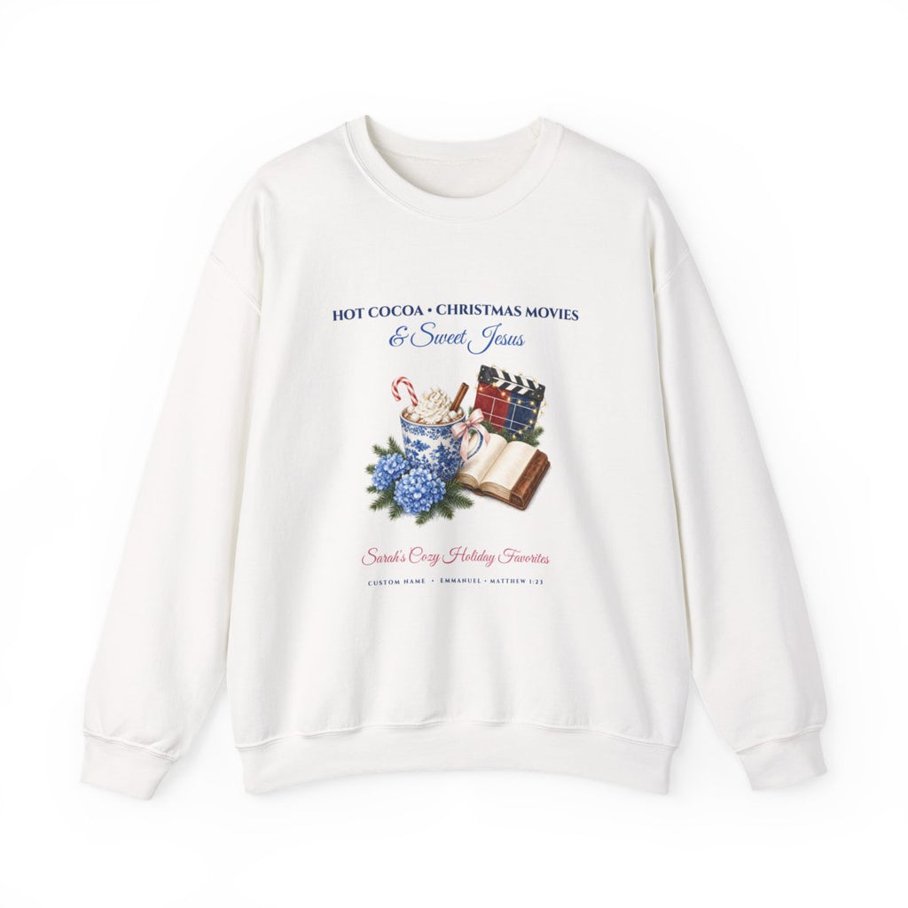 Personalized Hot Cocoa Christmas Movies & Jesus Custom Name Cozy Holiday Sweatshirt Flat-Lay