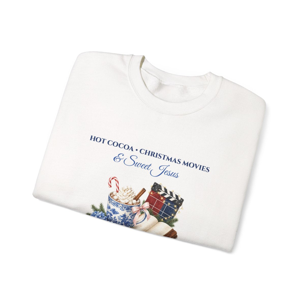 Personalized Hot Cocoa Christmas Movies & Jesus Folded Sweatshirt Mockup