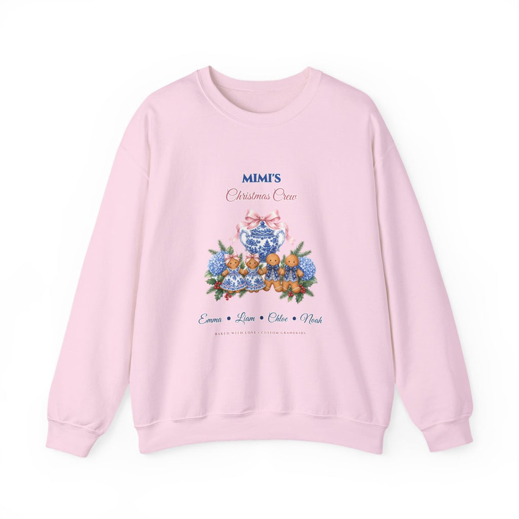 Personalized Mimi's Christmas Crew Custom Grandkids Gingerbread & Coquette Bow Sweatshirt Flat-Lay