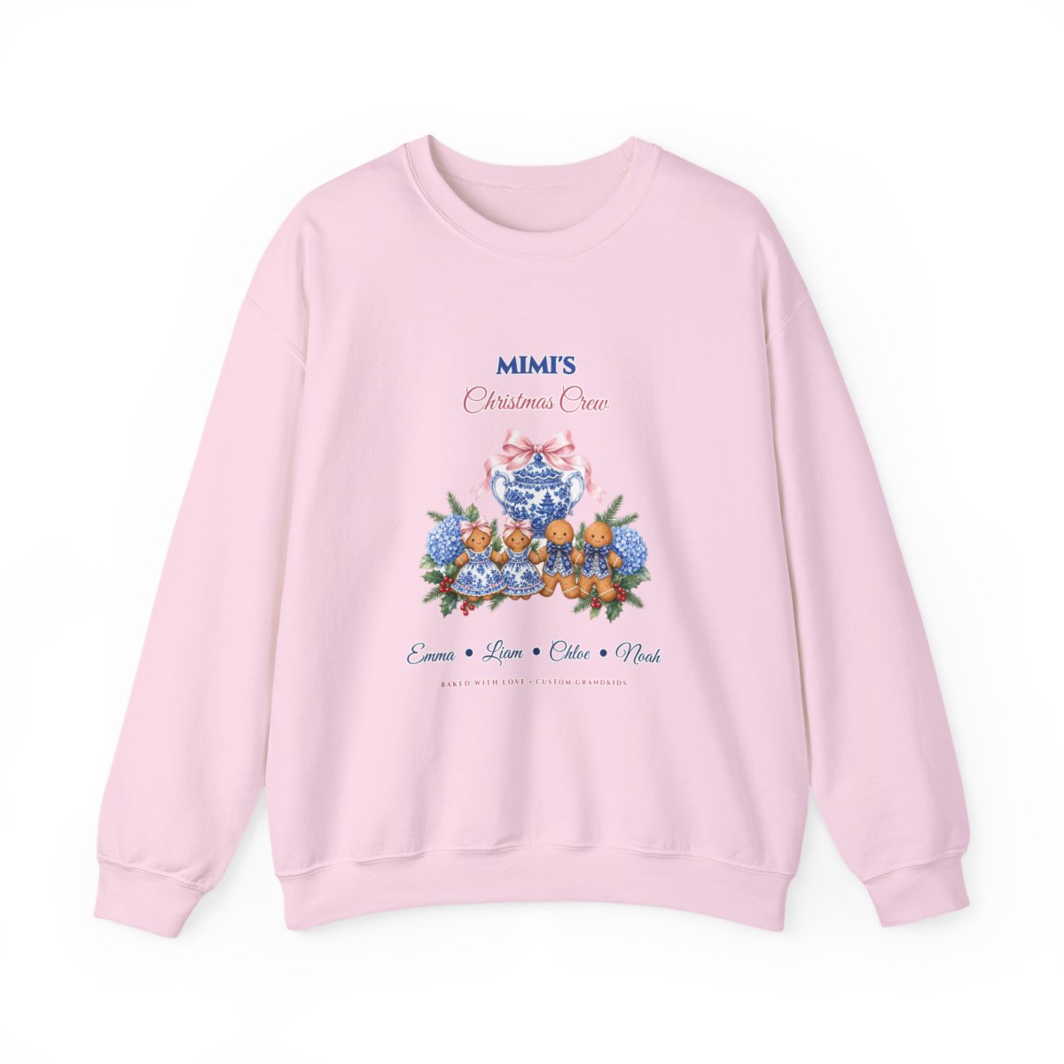 Personalized Mimi's Christmas Crew Custom Grandkids Gingerbread & Coquette Bow Sweatshirt Flat-Lay