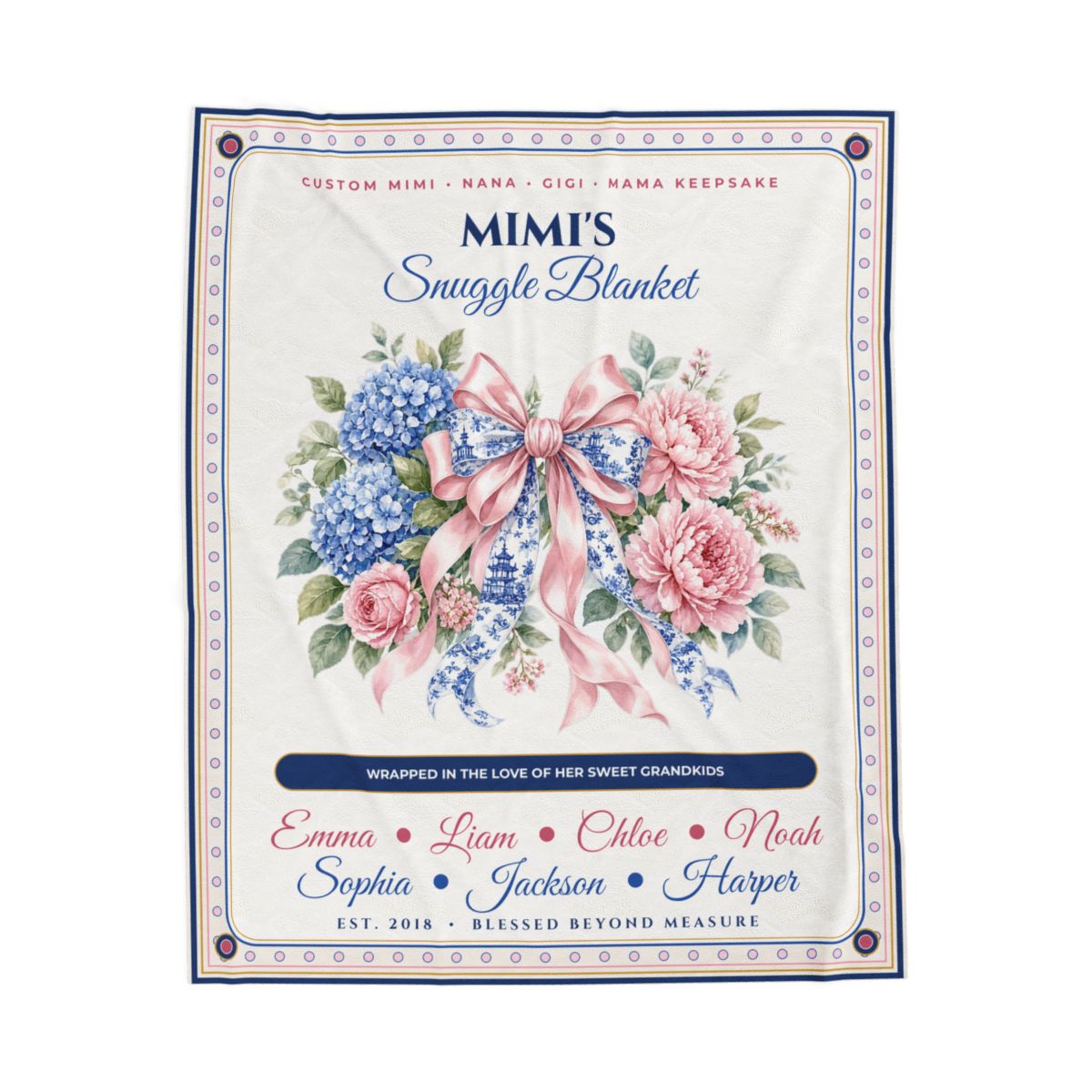 Personalized Mimi's Snuggle Blanket Custom Grandkids Names & Chinoiserie Coquette Bow Plush Blanket (50x60)