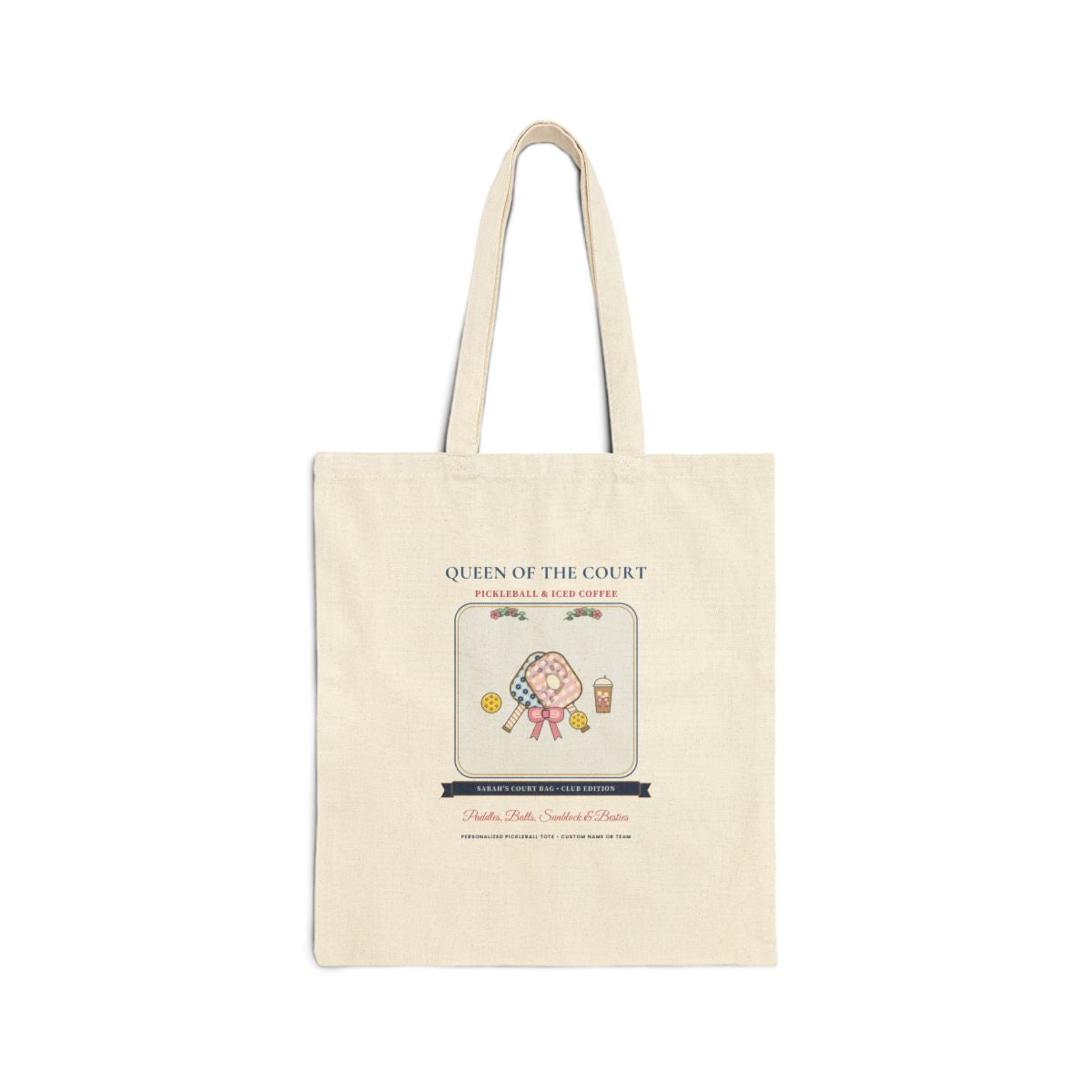 Personalized Queen of the Court Chinoiserie Pickleball Canvas Tote Bag — Flat-Lay Front Mockup