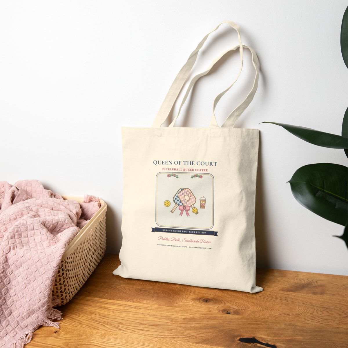 Personalized Queen of the Court Chinoiserie Pickleball Canvas Tote Bag — Lifestyle Mockup