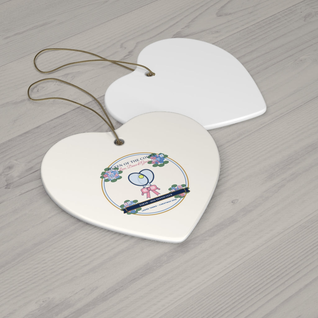 Personalized Queen of the Court Ladies Tennis 2026 Ornament Heart Wood Flat-Lay