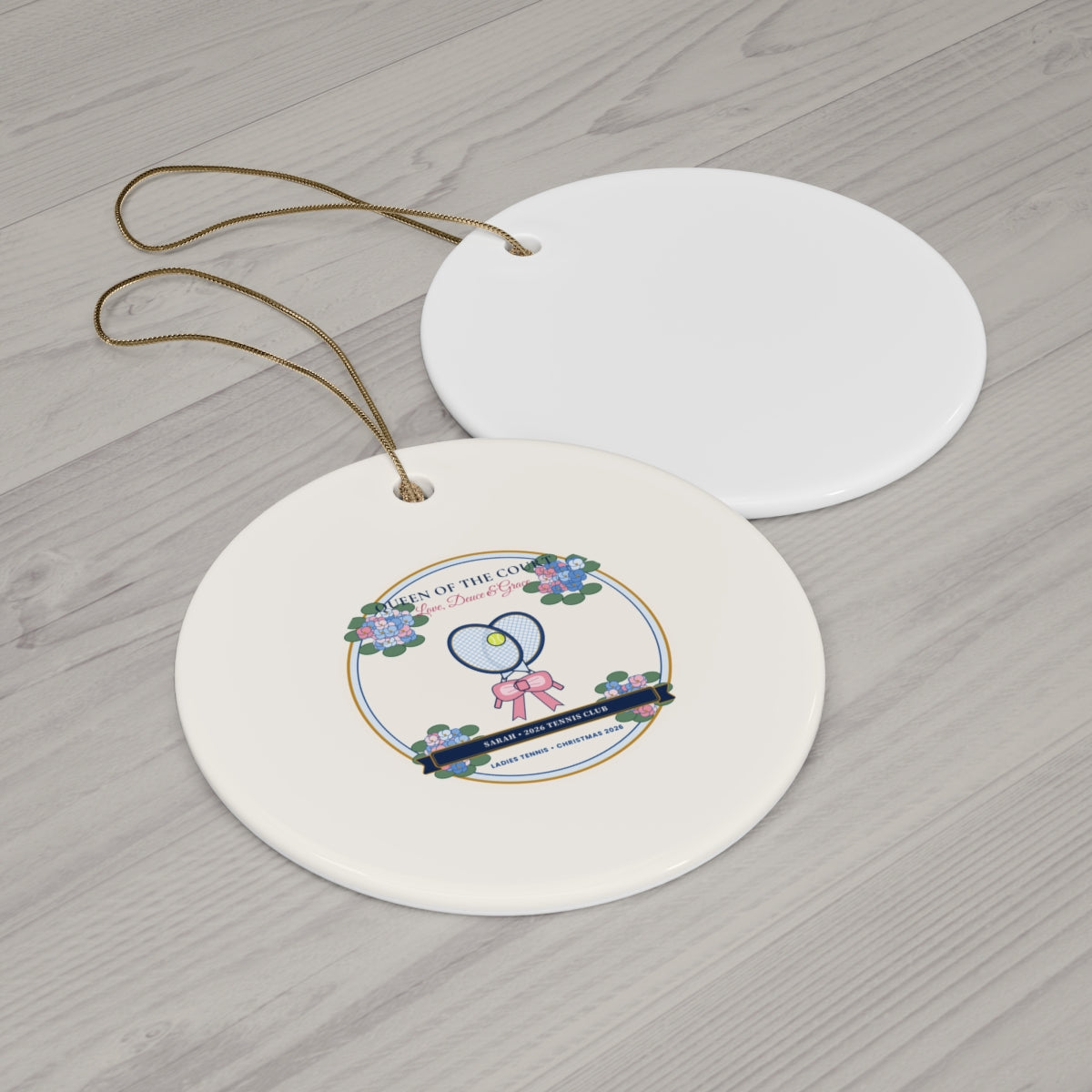 Personalized Queen of the Court Ladies Tennis 2026 Ornament Circle Wood Flat-Lay