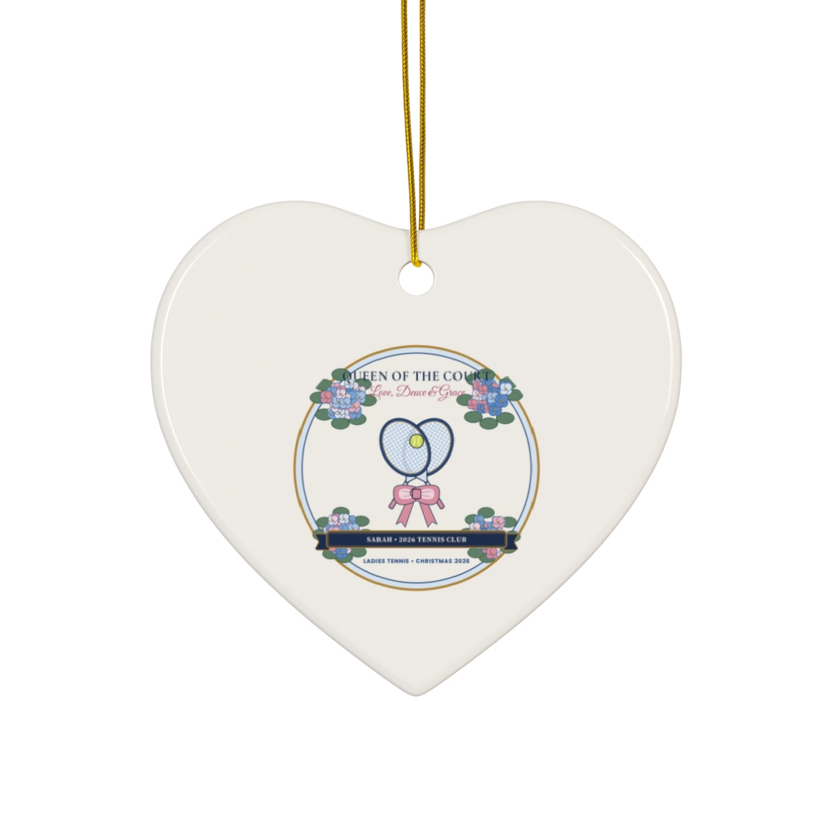 Personalized Queen of the Court Ladies Tennis 2026 Chinoiserie Ceramic Ornament Heart Front