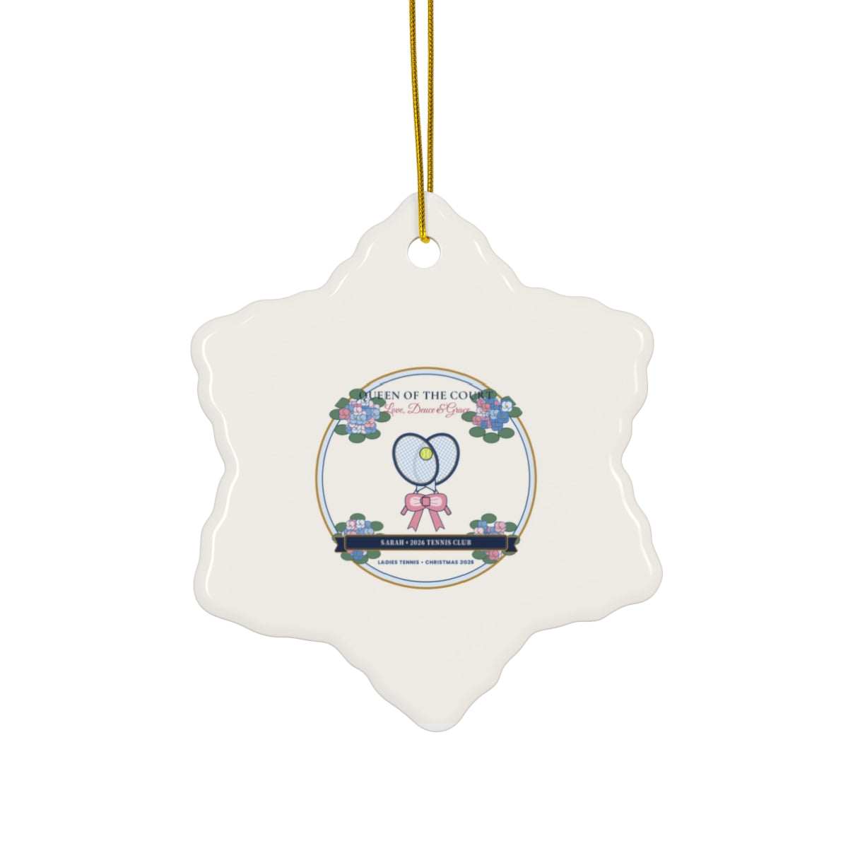 Personalized Queen of the Court Ladies Tennis 2026 Chinoiserie Ceramic Ornament Snowflake Front