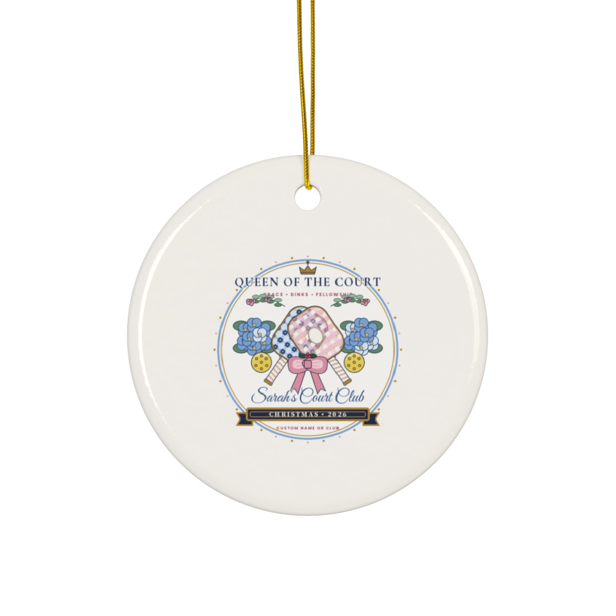 Personalized Queen of the Court 2026 Chinoiserie Pickleball Ceramic Christmas Ornament Circle Front
