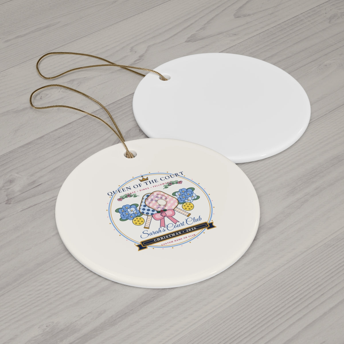Personalized Queen of the Court 2026 Chinoiserie Pickleball Ceramic Ornament Circle Wood Flat-Lay