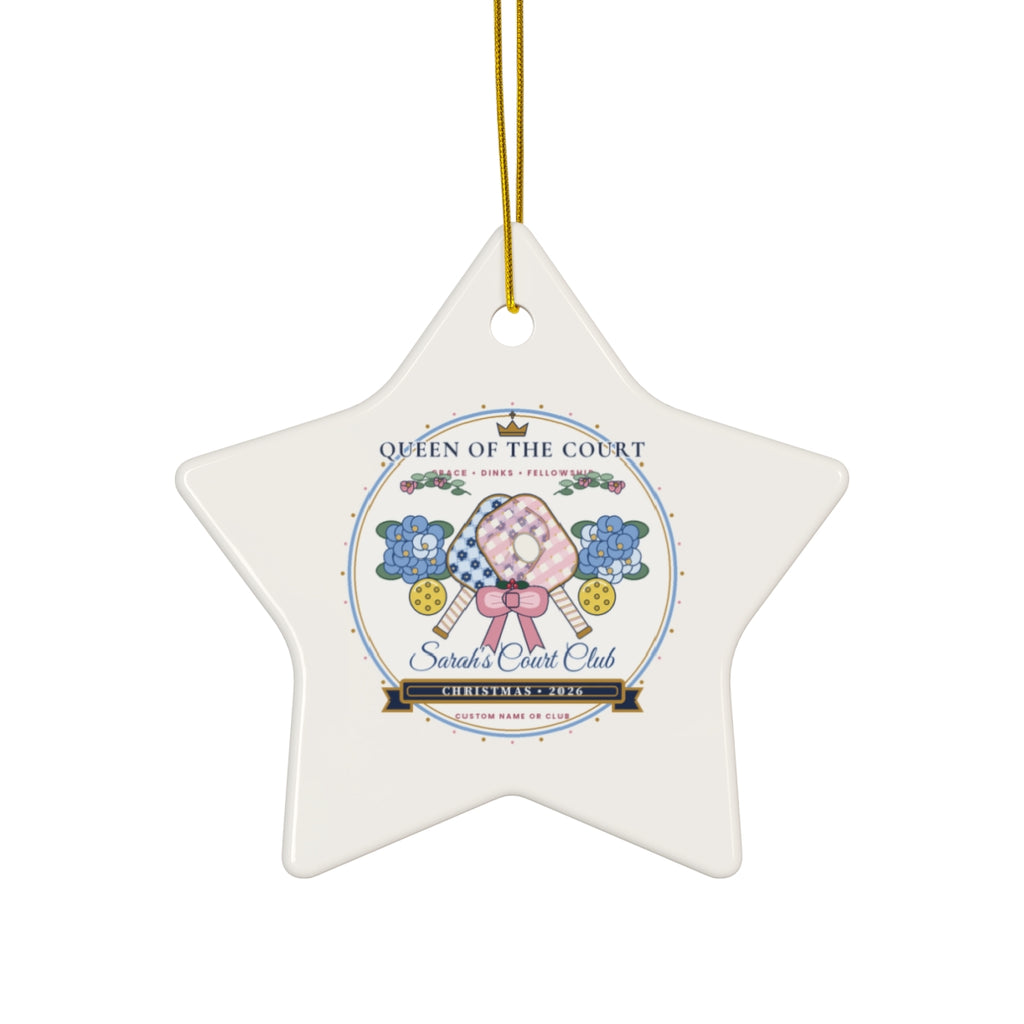 Personalized Queen of the Court 2026 Chinoiserie Pickleball Ceramic Christmas Ornament Star Front